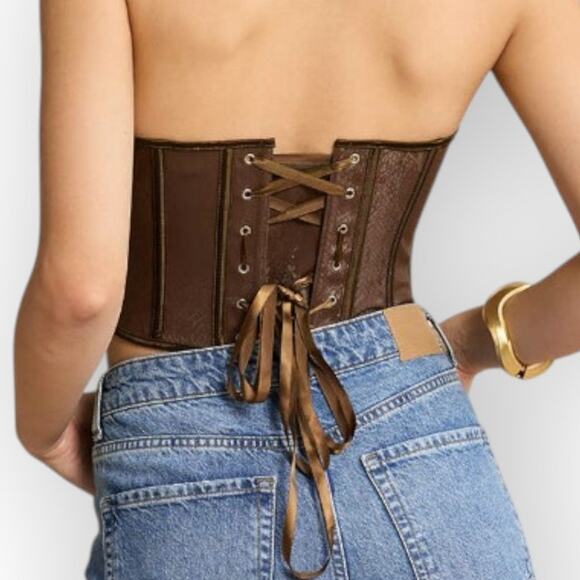 Micas Brown Faux Leather Snakeskin Lace-Up Corset Top – Size L - Picture 7 of 7